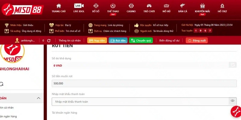 Điền các thông tin cần thiết để rút tiền Miso88